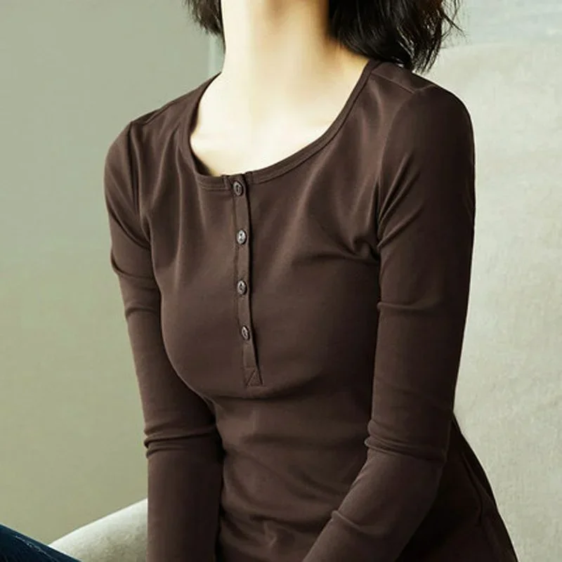 

Корейская модная женская однотонная футболка с длинным рукавом, весенне-осенние новые футболки, хлопковая универсальная женская одежда, повседневные базовые топы