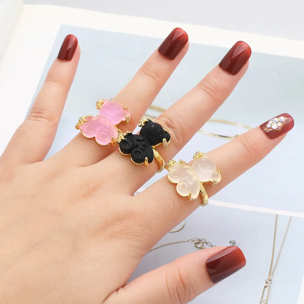 FLOLA Candy Color Gummy Bear Rings for Women Copper Gold Plated Rings Adjustable Animal Jewelry Friends Gifts rigs64