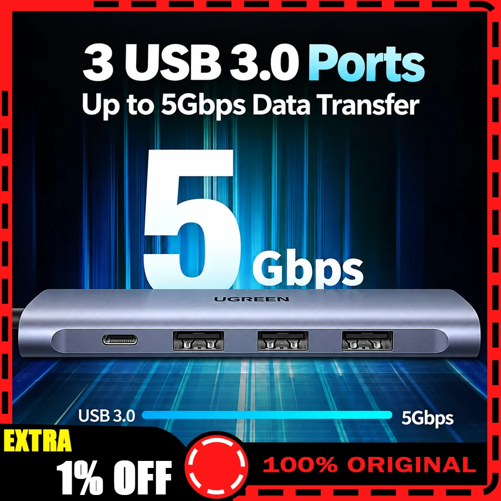 UGREEN CM136 70495 5-in-1 USB-C Hub, 4K 60Hz HDMI, 3 USB 3.0 Ports, 100W PD Charging Adapter for Laptop