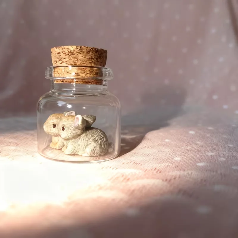 1PC Cute Two Mini Resin Rabbits Stand Side by Side in Glass Jar Miniature, Adorable Figurines for Home Shelf Display Decorations