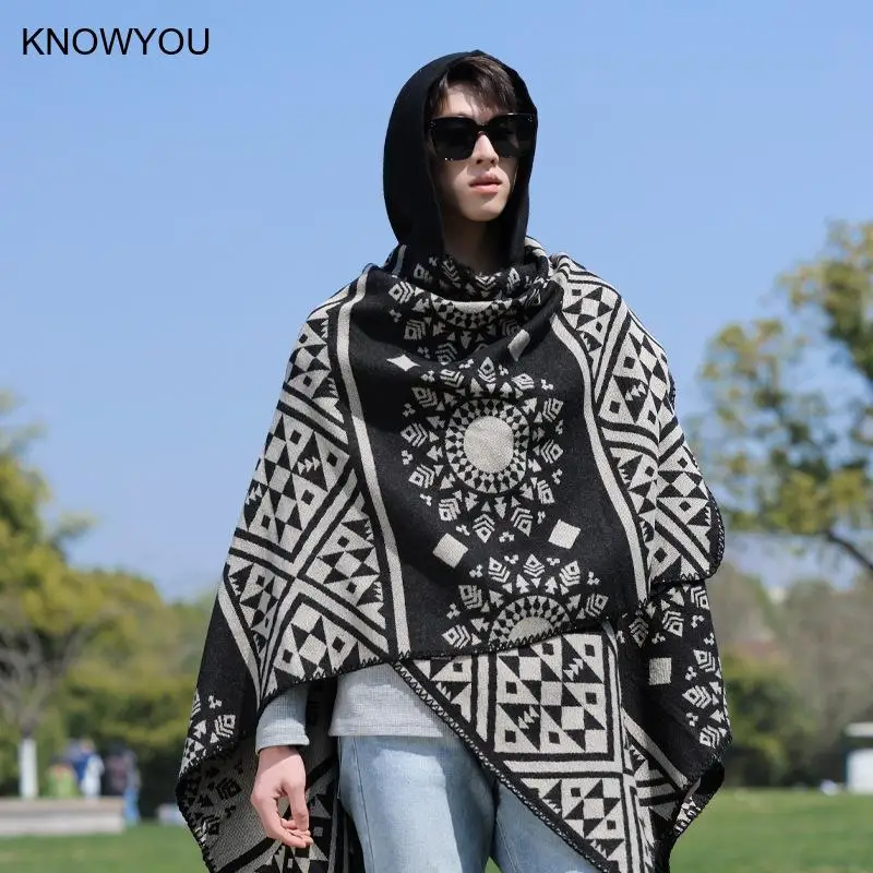 

Men's Hooded Cloak Big Size Jacket Vintage Bohemian Shawl Warm Imitation Cashmere Jacquard Scarves 2025 Autumn Winter Coat Wraps