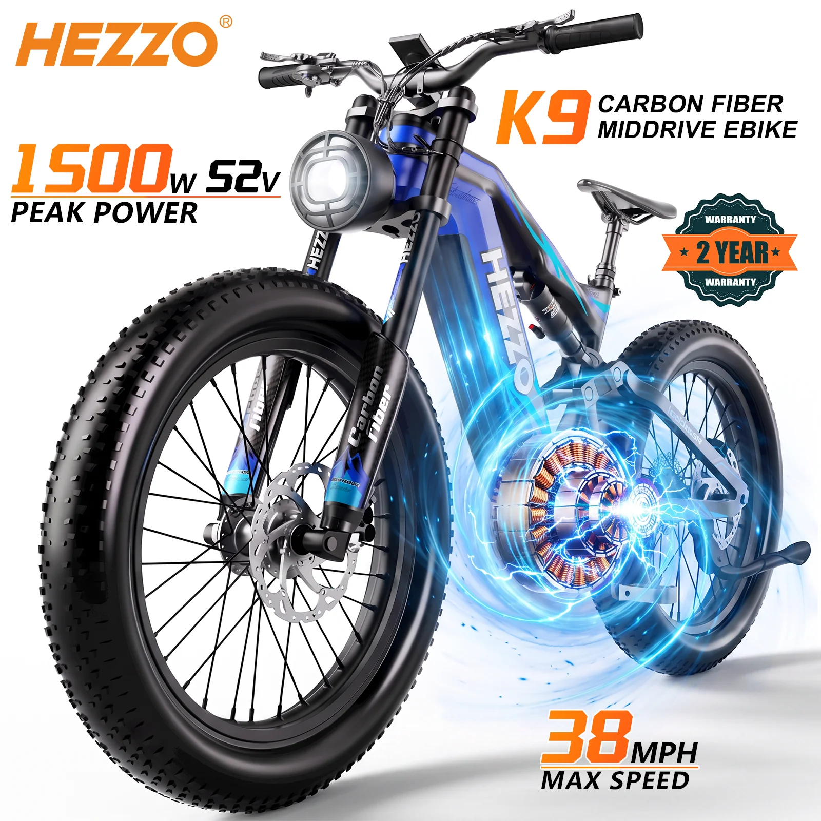 HEZZO Carbon Ebike K9 All-Terrain Fat Tire 52V 1000W BAFANG M20 Middrive Electric Bike 160Nm Powerful Electric Bike Hydraulic Suspension & Seat Post 21Ah 63Miles Long Range 26X4.8Inche Electric Bicycle