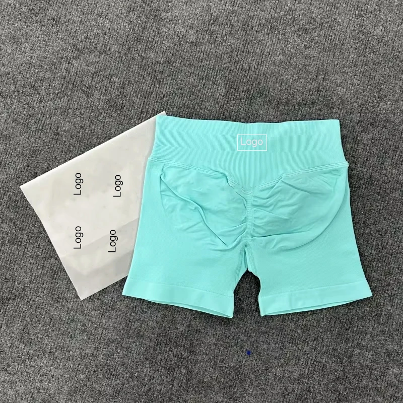 Pantaloncini da corsa elasticizzati alti con logo D Booty Pantaloncini da impatto Pantaloncini da palestra per allenamento Scrunch senza cuciture Pantaloncini da yoga con fascia in vita bassa a coste