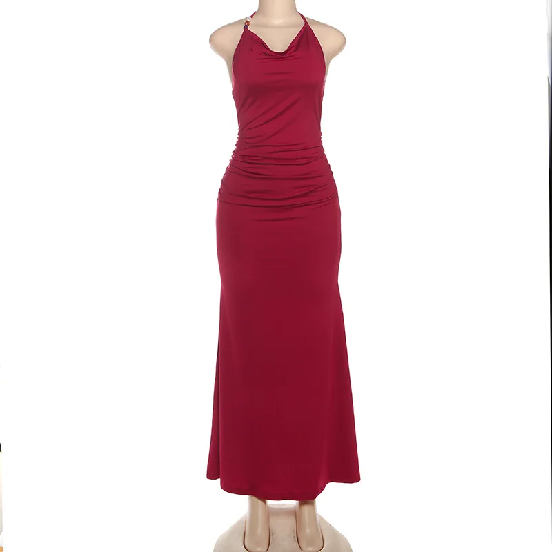 Halter Pleated Bead Women's Evening Dress Backless Sleeveless Bandage Gown Elegant Red Sheath Party Skirt New Arrival In Stock
