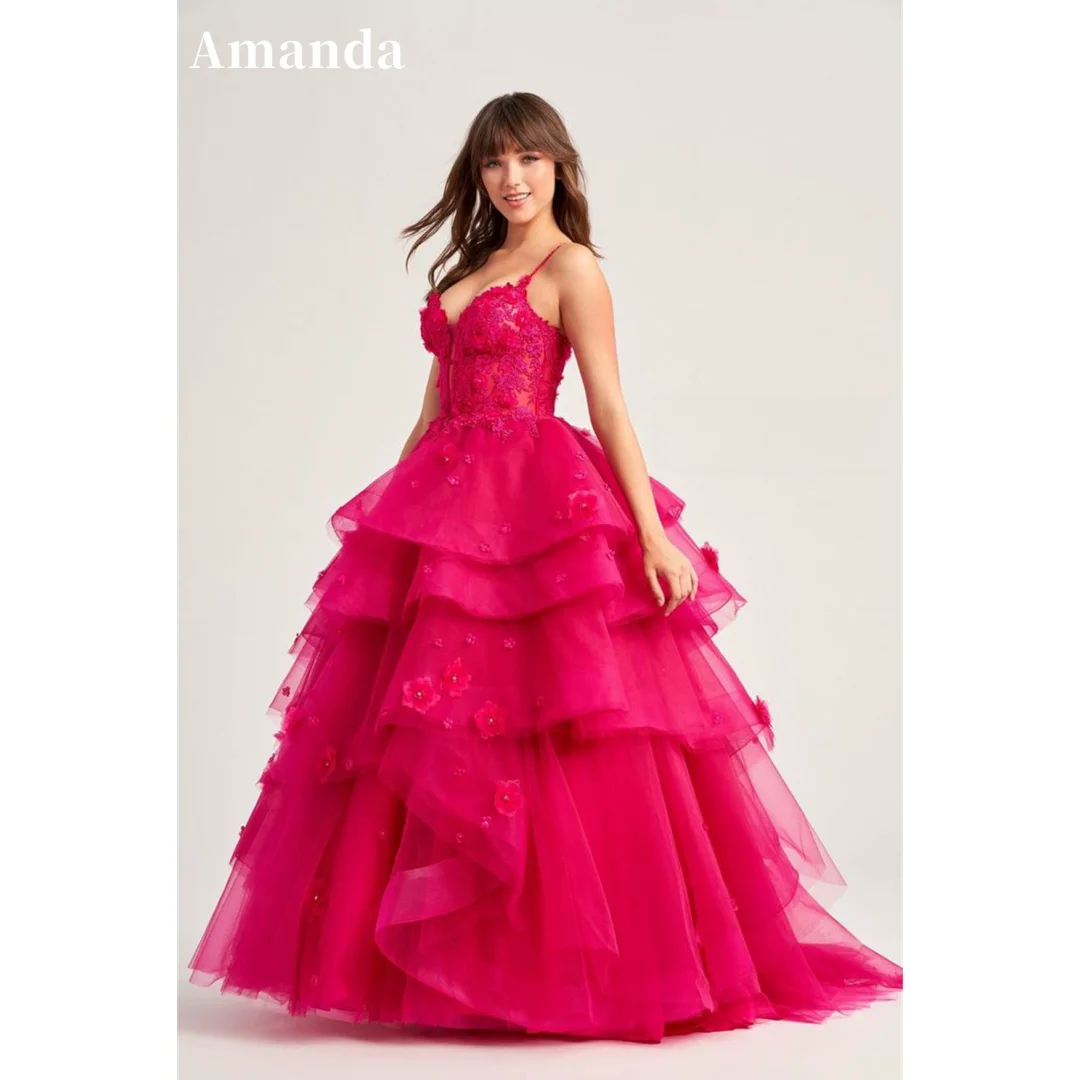 Amanda Gorgeous Ball Gown Prom Dress Fuchsia 3D Flower Vestidos De Fiesta Spaghetti Strap Multilayer Wedding Dress فساتين سهرة