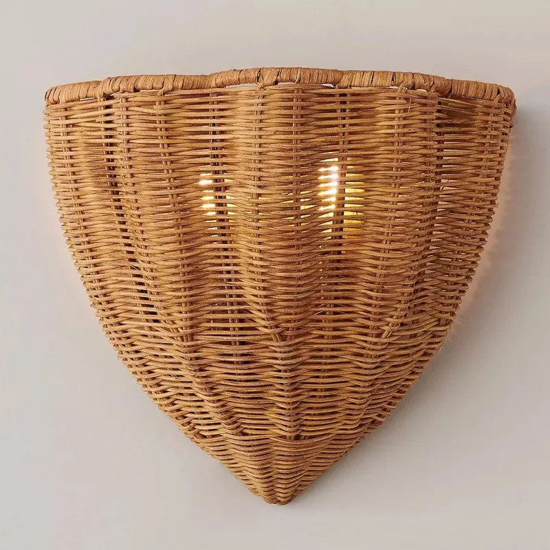 American Retro Wall Lamps Designer Rattan Weaving Lampshade LED Sconces Home Bedhead Background Walkway Wall Mounted Decoration