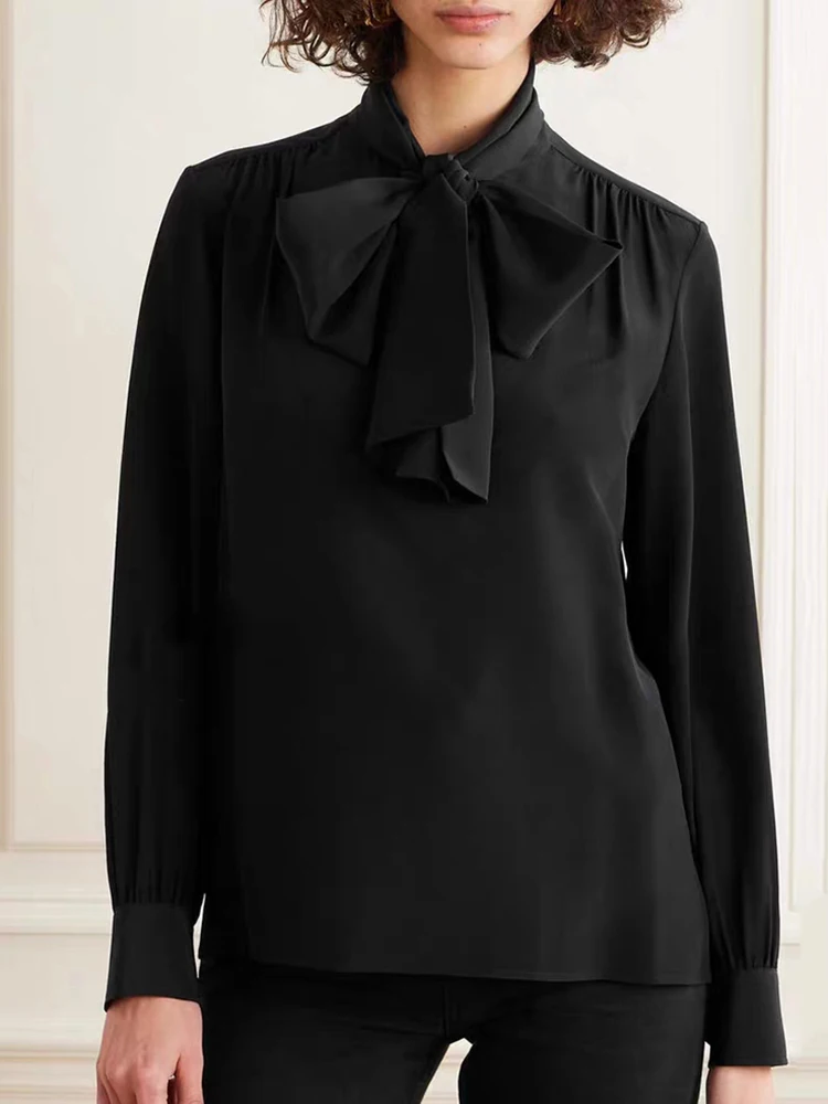 

Bow flutter collar shirts & blouses temperament elegance Simple commuter black long-sleeved shirt Women 2024 Spring New