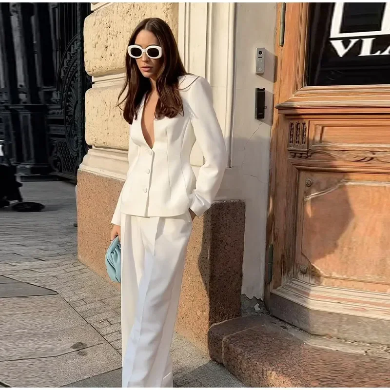 Women White 2 Pieces Set Deep V-neck Single Breasted Blazer Coat High Waist Pants Female Chic 2025 Spring Office Lady Outfits