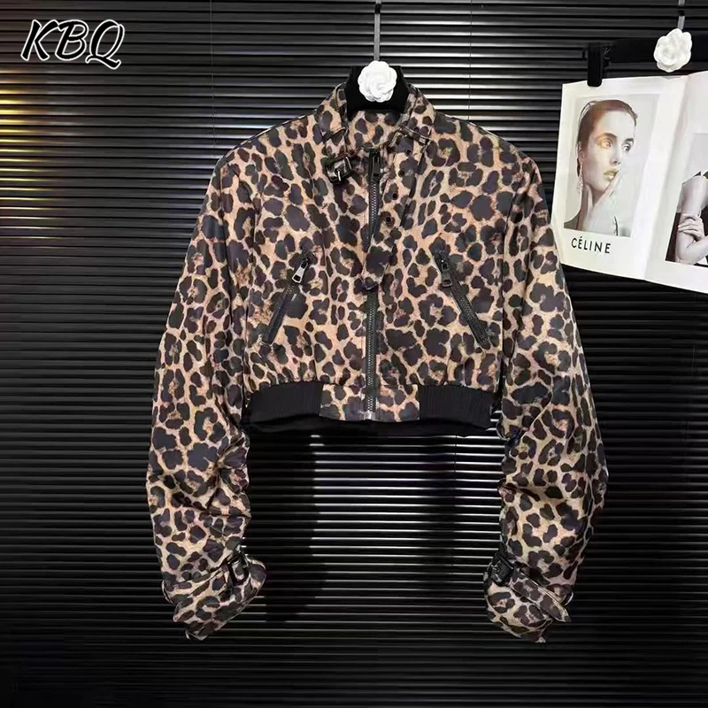 

KBQ Hit Color Printing Loose Short Coats for Women Stand Collar Long Sleeve Spliced Zipper Chic Street Style Jacket Female New