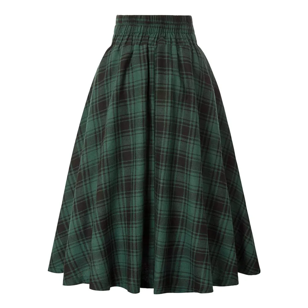 Women Vintage Pleated Plaid Skirt Autumn Winter High Waist Korean Style Preppy Midi Skirts Button Decoration Plus Size Skirt