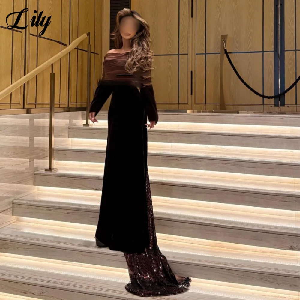 

Lily Black Party Dress Off Shoulder Trumpet Prom Dresses فساتين السهرة with Train Sequins Embellishments Customized