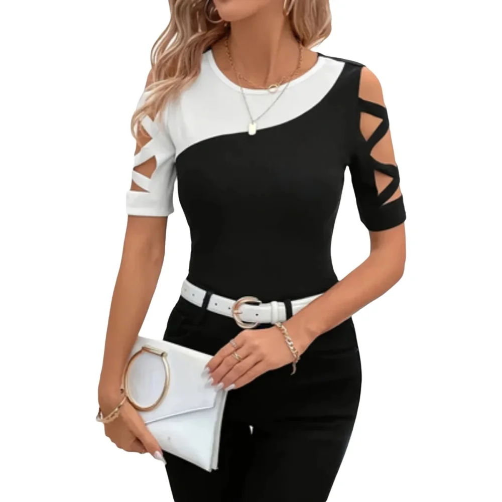 T-shirt à manches courtes ajouré à la mode pour femmes, style décontracté