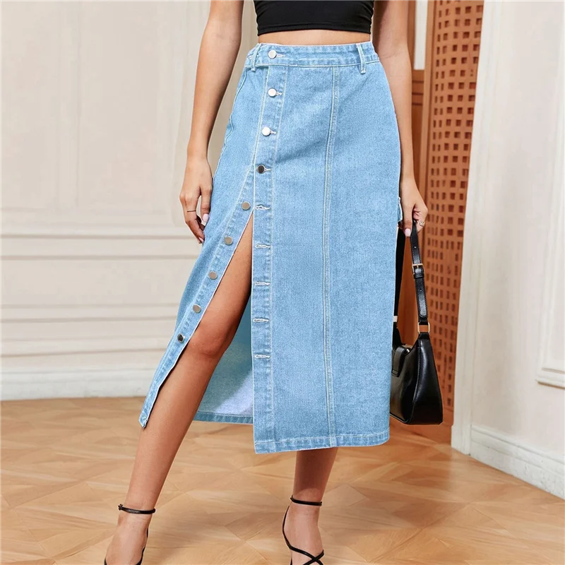 

ABRT-Women's Casual High Waist Denim Mid Skirt Slit Button Up Jean Skirts With Pockets