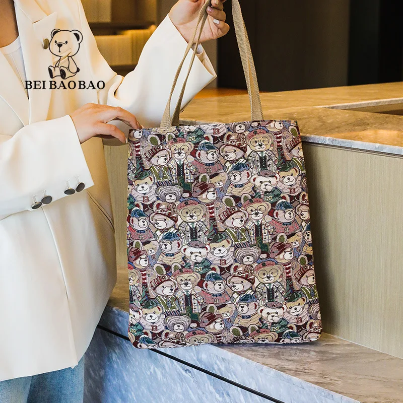 Canvas Bag Women\'s 2023 New One Shoulder Tote Bag Handheld Bag Student Large Capacity Shoulder Bag Little Bear Bag