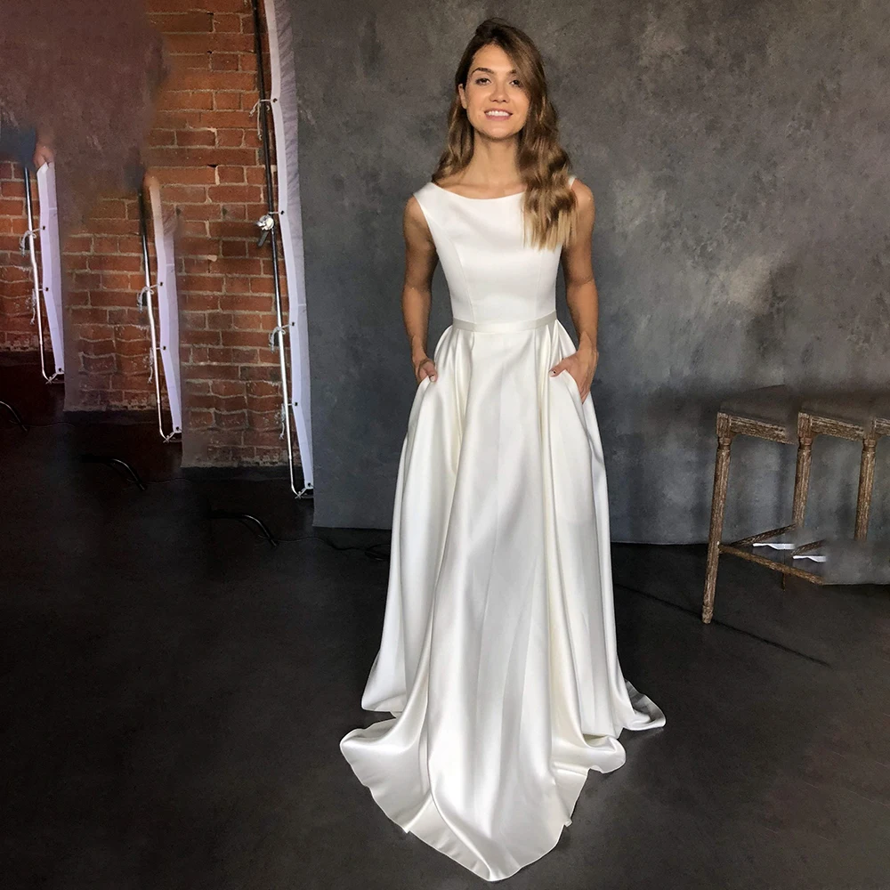 Vestido de casamento de cetim minimalista com bolsos, pescoço de barco, em estoque, cinto destacável fechado, personalizado, plus size, vestido de noiva simples