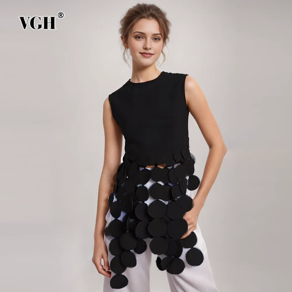 VGH Casual Spliced Tassel Tank Tops For Women Round Neck Sleeveless Patchwork Zipper Minimalist Slimming Vests Female Fashion