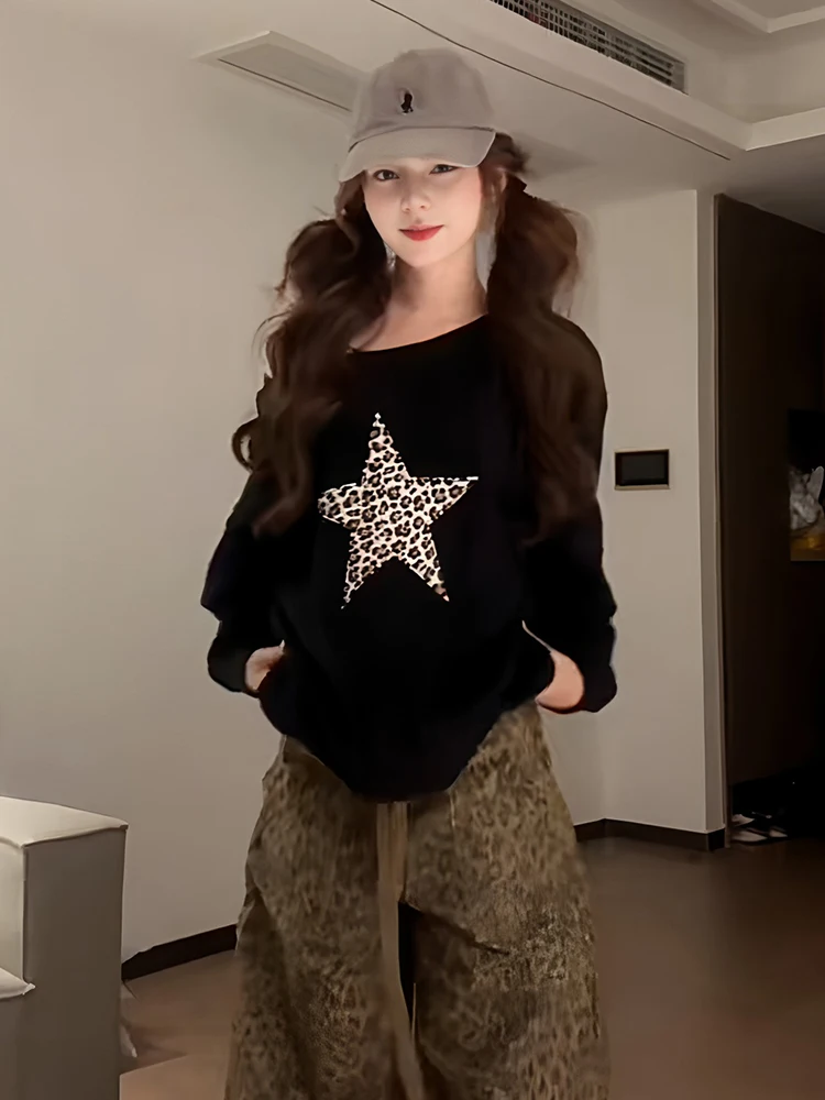 plus Size Women's Bla Asymmetrical oulder Sweatirt Spring Early Star Print Loose Slimming Micro Fat oulder Exposure Top