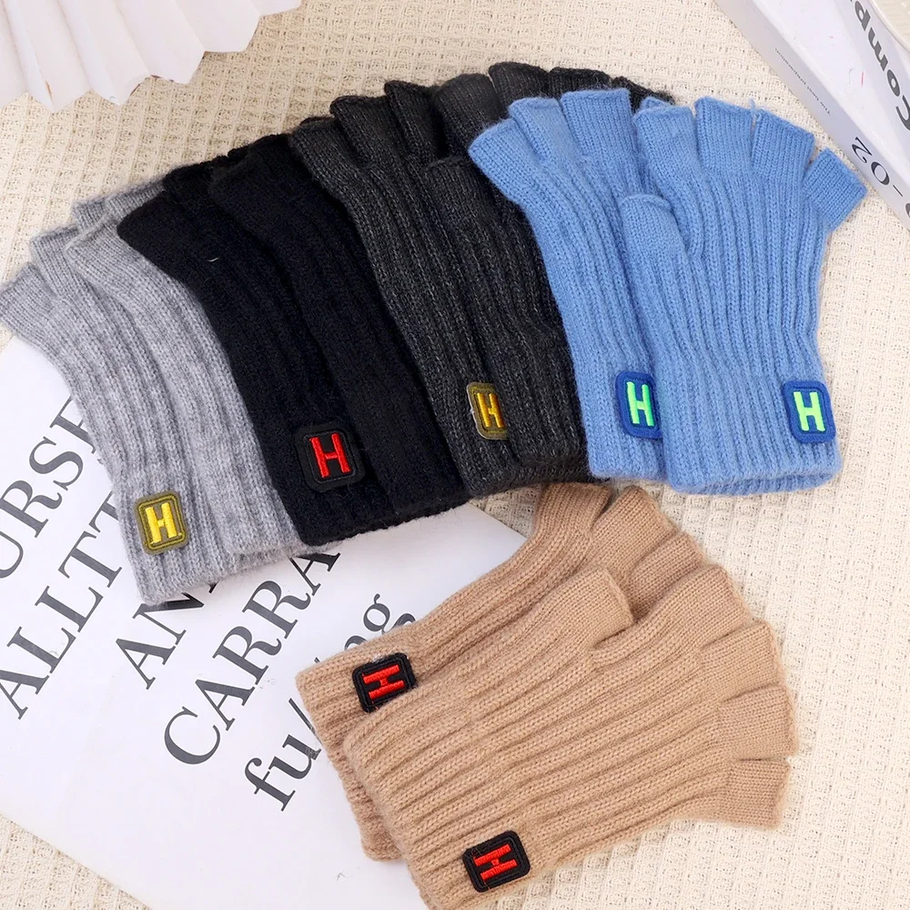 New Autumn And Winter Knitted Warm Half Finger H-label Gloves With Sliding Screen Fashion Men\'s Sports Mittens Warmth Cold-proof