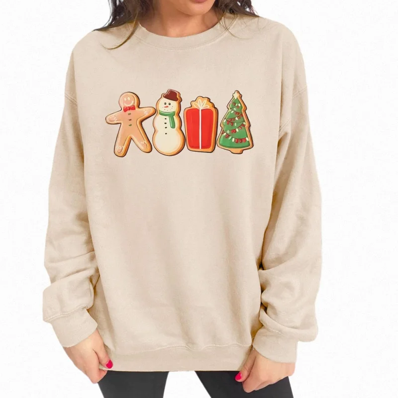 Women's Christmas gingerbread sweatshirt snowman cute long sleeved round neck pullover