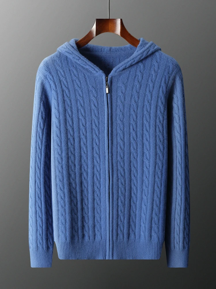 

TLOML Men's 100% Cashmere Sweater Hooded Zipper Cardigan Autumn Winter Soft Warm Casual Style Long Sleeve Cashmere Knitwear Coat