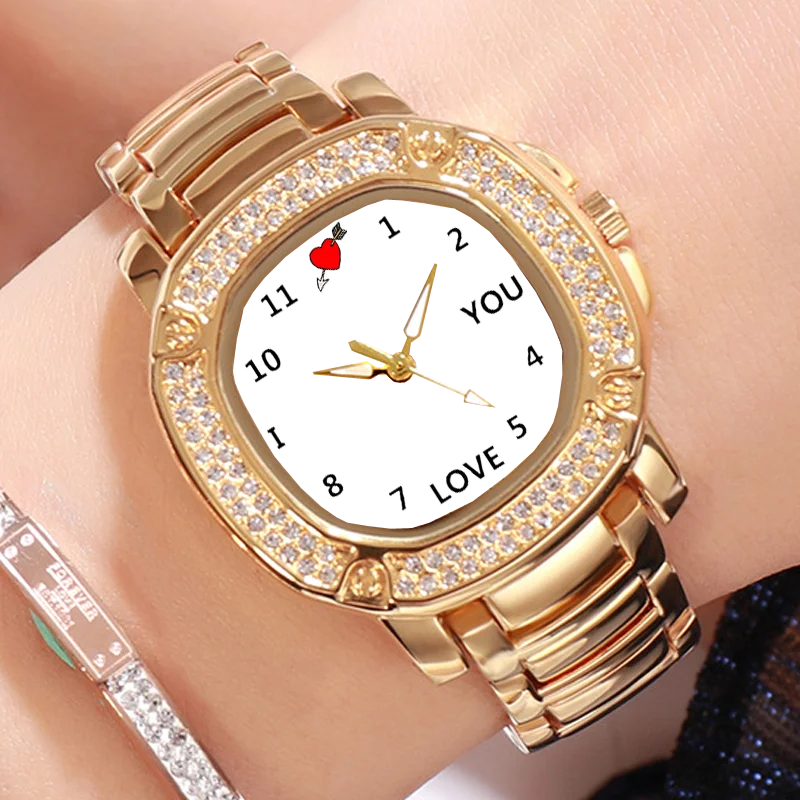 ساعة صور مخصصة للنساء لون ذهبي ساعة حجر الراين تخصيص الصور ساعة اليد طباعة صورة شخصية لتقوم بها بنفسك هدية لفتاة