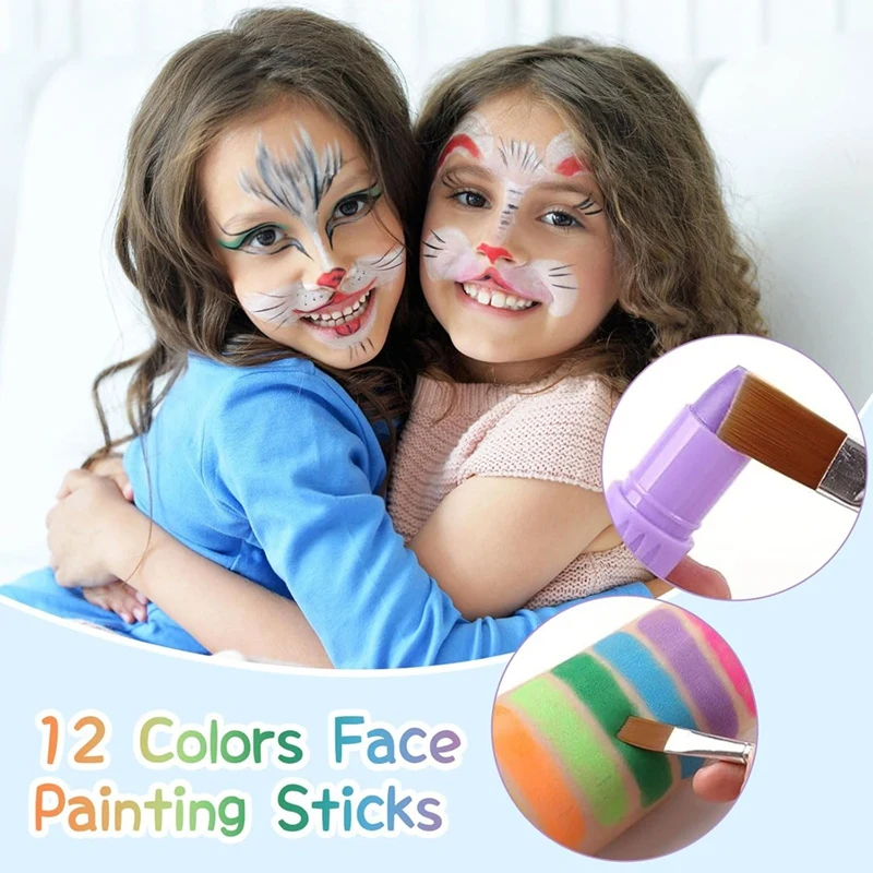 Face Painting Kit For Kids,12 Colors Washable Twistable Face Paint Crayons With 2 Brushes For Party Halloween Cosplay