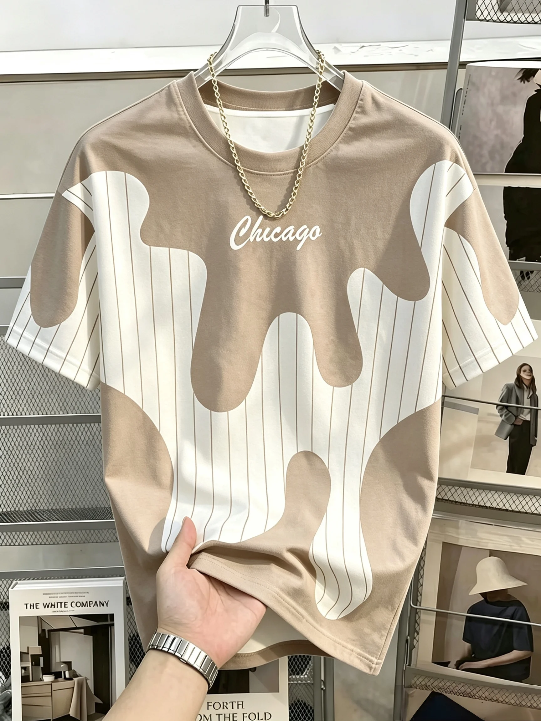 Men Mesh Sports T‑Shirt Abstract Patchwork Print O‑Neck Short Sleeve Loose Breathable Summer Casual Top