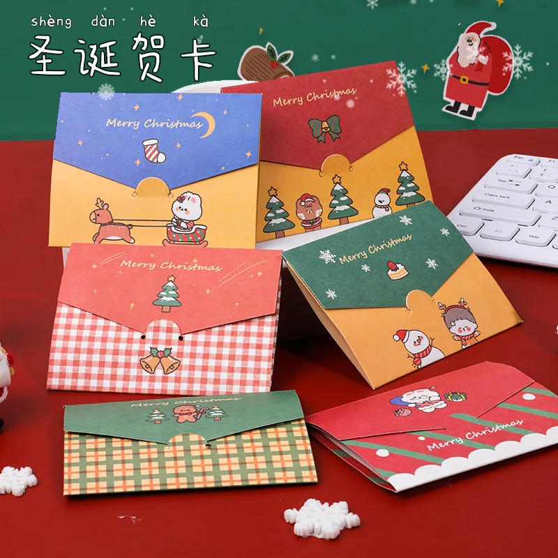 Cute Christmas Postcard Cartoon Santa Bell Elk Girl Gift Greeting Card DIY Folding Christmas Festival Message Card