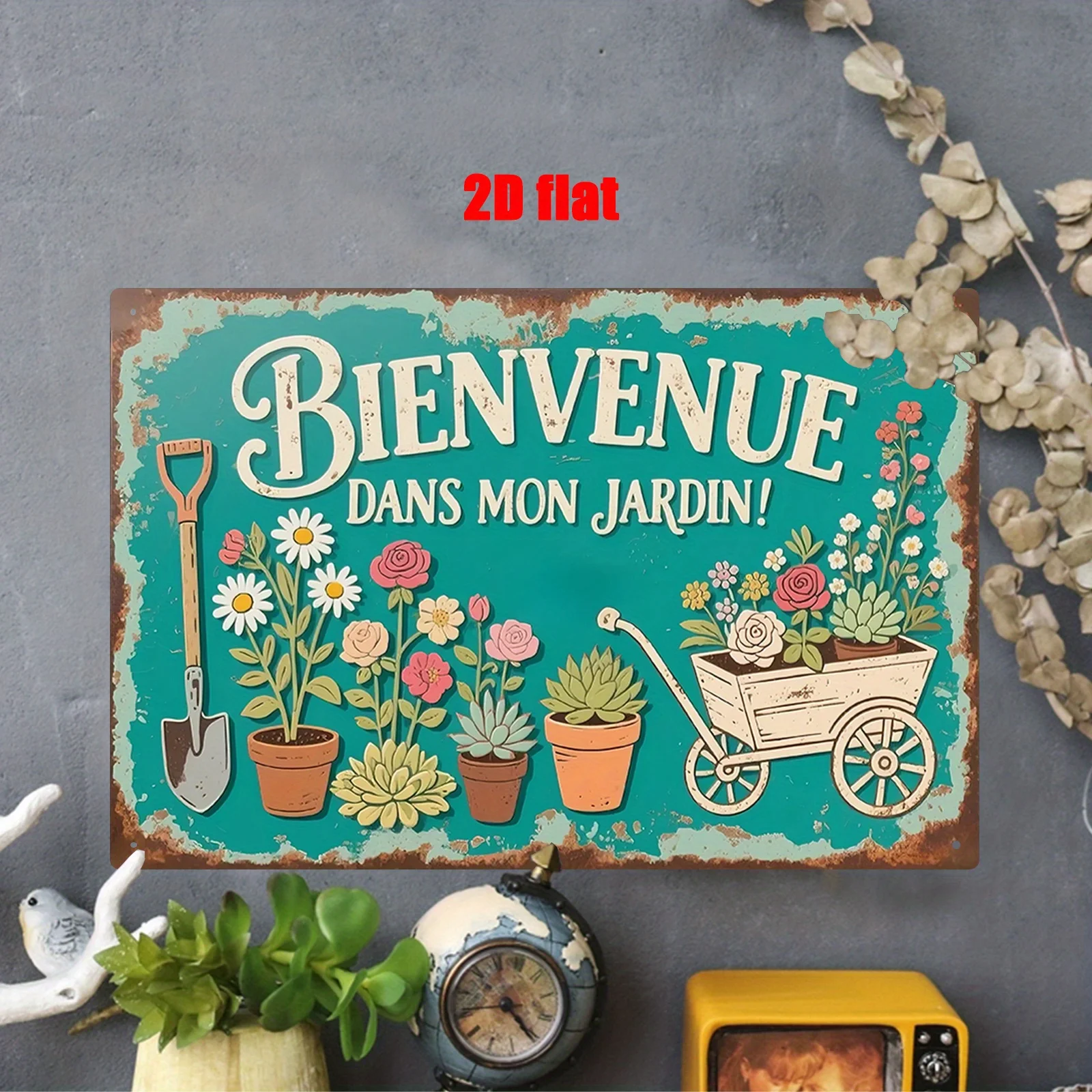（2D Tin painting）Letrero de metal para pared con diseño de arte rústico floral y de herramientas de jardín, ideal para decora