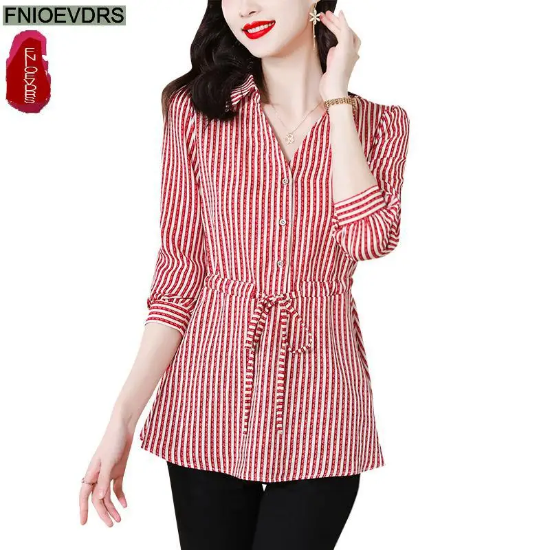 M-4XL 2023 Women European Style Office Lady Basic Red Plaid Shirt Drawstring Bow Tie Ruffles Belly Peplum Top Blouses