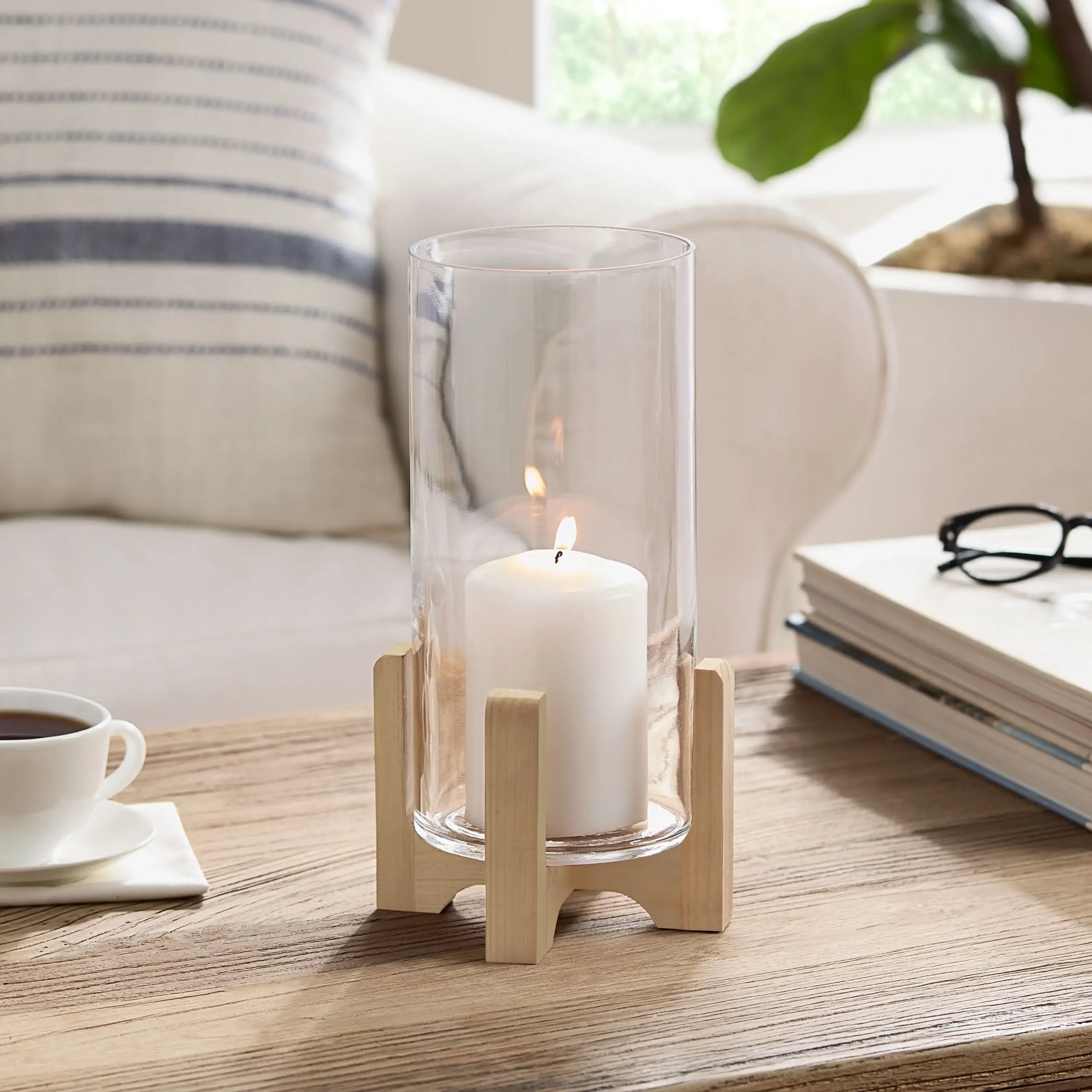 

Better Homes & Gardens Glass Hurricane Candle Holder with Wood Stand, 11.5", Large