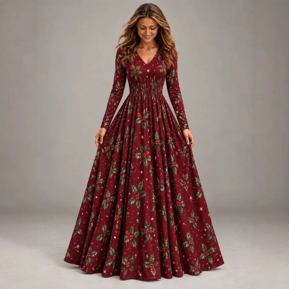 Women V Neck Long Sleeve Floral Print Maxi Dress Waist-Cinching Flared Skirt Elegant Soft Breathable Flattering Comfy Daily New