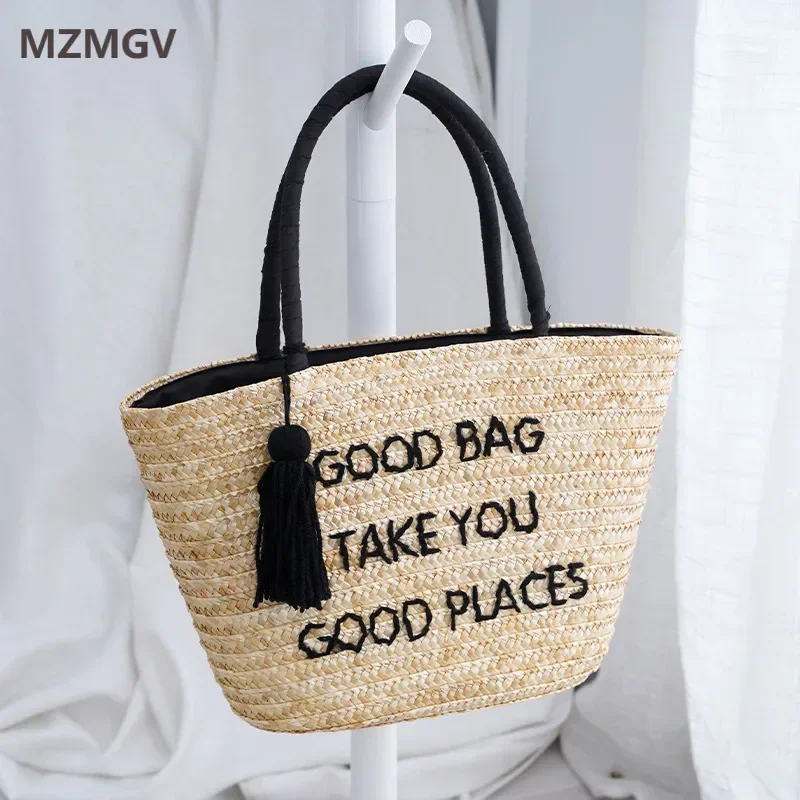 

Summer Embroidery Bohemian Straw Bags for Women Large Capacity Handmade Corn Husk Woven Tote Bag Seaside Vacation Beach Bag
