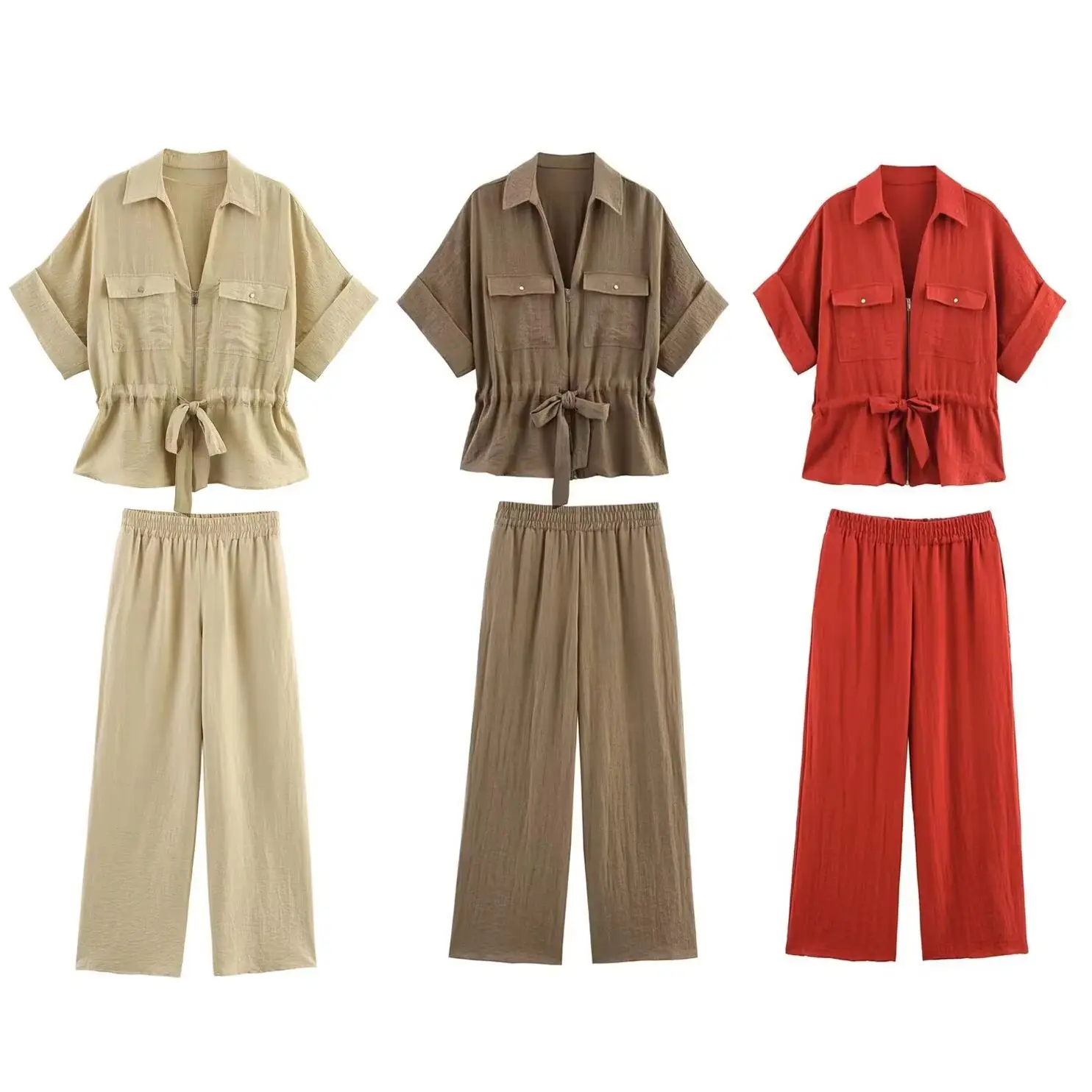 

KONDALA винтажный элегантный женский костюм с поясом, рубашка на молнии с короткими рукавами + эластичные широкие брюки, модный комплект 2025, офисный женский шикарный комплект