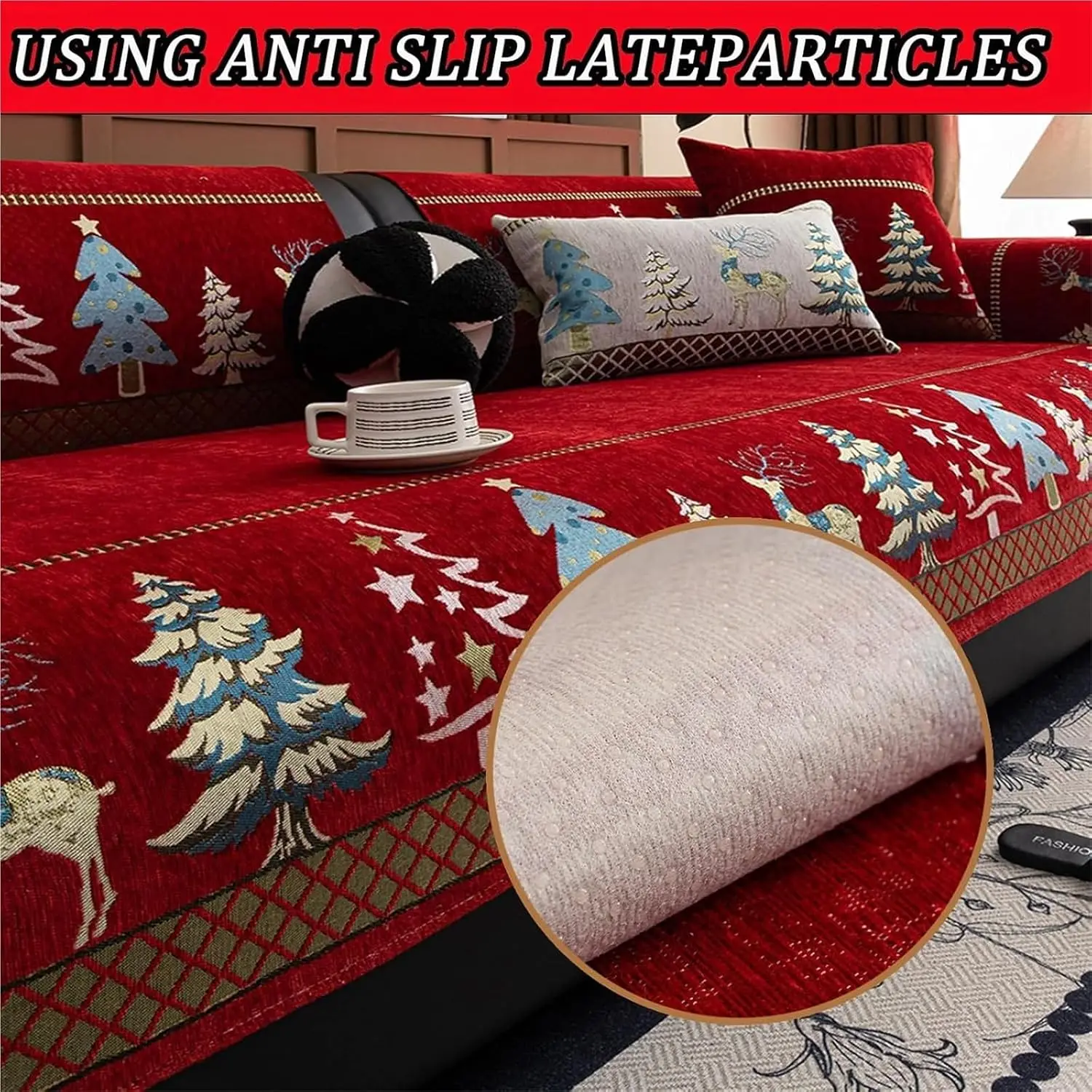 Large Christmas Sofa Throw Cover Chenille Xmas Tree Deer Printed Couch Slipcover with Silicone Non‑Slip Backing for Living Room