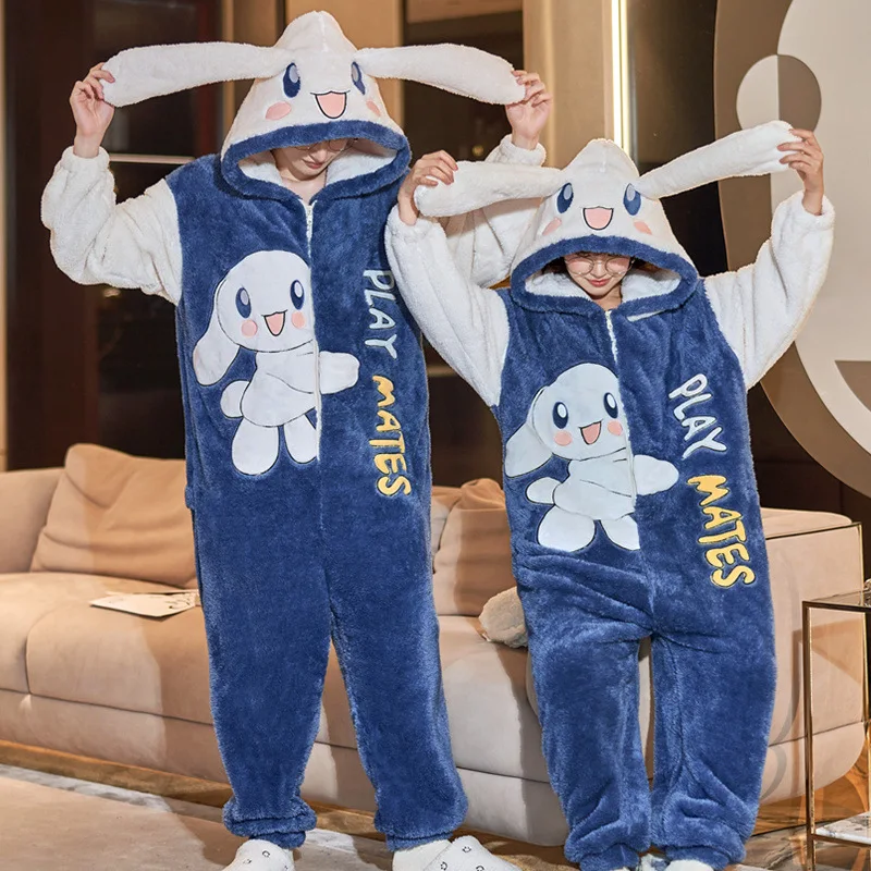 Sanrio Couple Pajamas Winter One-piece Jumpsuit Cinnamoroll Stitch Sleepwear Dinosaur Fuzzy Onesies Hooded Women Men Homewear