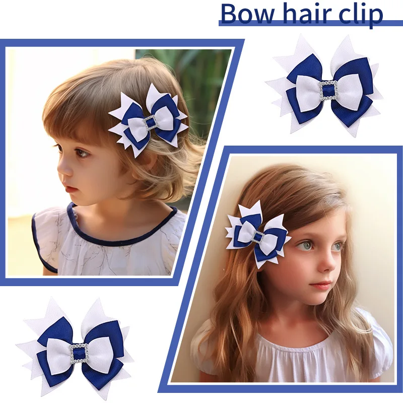 

Blue And White Spliced Diamond Hairpins Children's Glitter Bow Headpiece Cute Baby Hair Accessories In Fabric