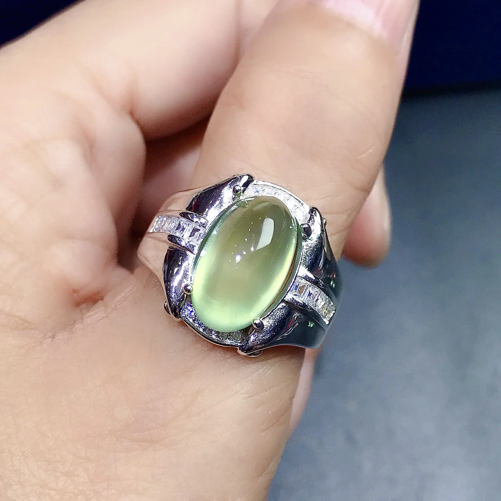 

Natural Prehnite Ring for Men 10mm*13mm 5ct Green Prehnite 925 Silver Ring 18K Gold Plating Men Jewelry