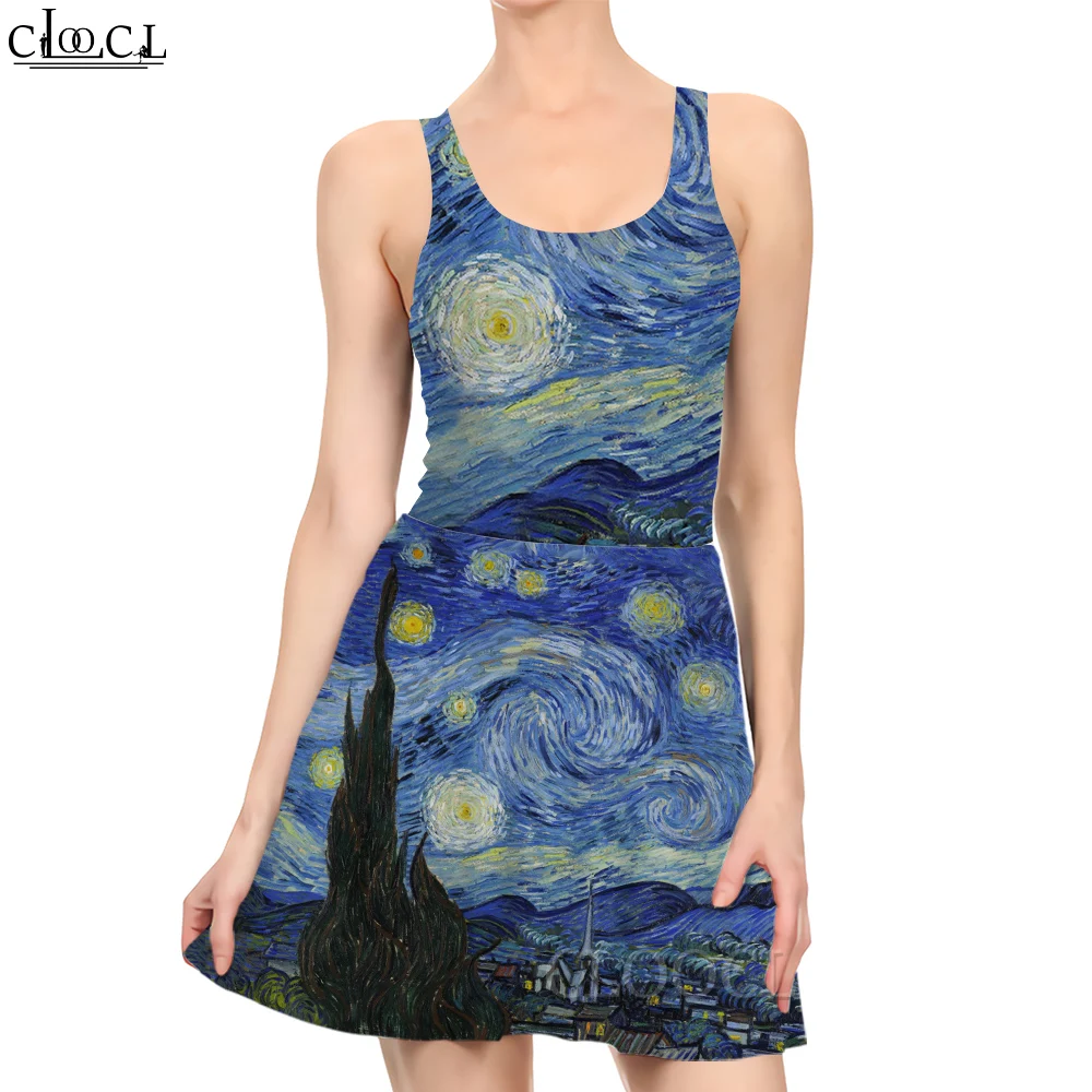 CLOOCL Women Dress Japanese Van Gogh 3D Printed Female Streetwear Summer Dress Casual Sleeveless Lady Beach Dresses Dropshipping