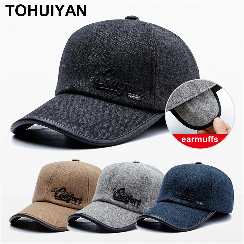 

Top Level Woolen Baseball Cap Fall Winter Dad Hat For Men Gorras Curved Brim Snapback Hat Bone Masculino Warm Caps With Earflaps