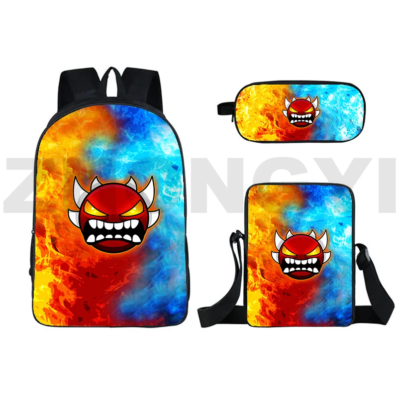 Mochila con estampado 3D de geometría Angry Dash para niños, juego 3 en 1, bolsa de lona para niños, bolsas escolares para deportes al aire libre, caja de bolígrafo cruzado Vintage