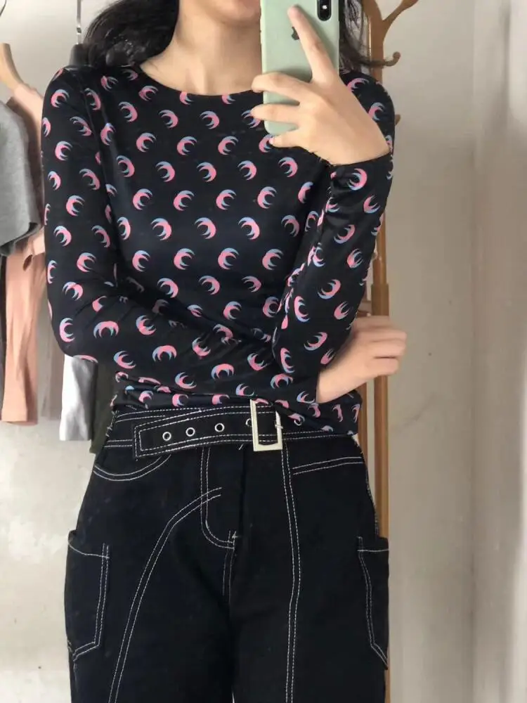 High Street Casual T Shirt Women Long Sleeve Layered Shadow Print Double Moon Summer Stretchy Sunscreen Thin Versatile Top