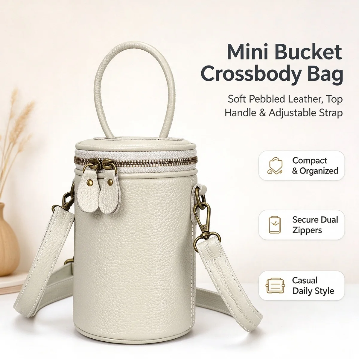 Women Vintage Genuine Leather Bucket Bag Mini Top Handle Handbag Adjustable Strap Crossbody Barrel Purse Zipper Phone Bag