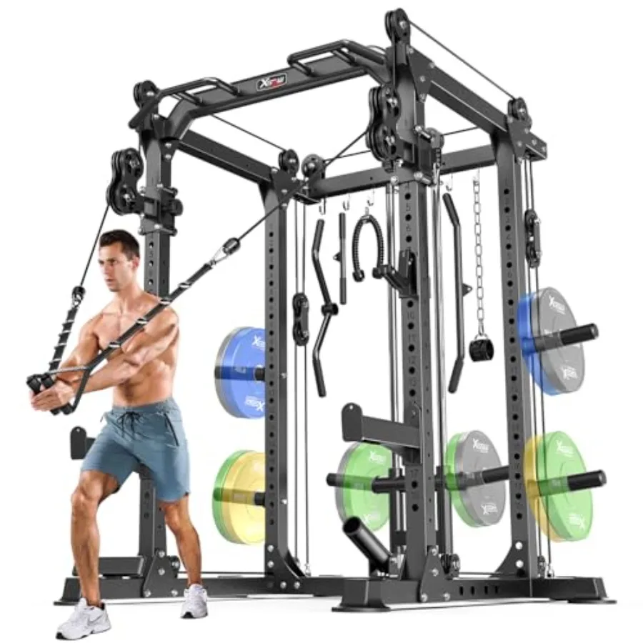 

Garage home gym power rack with steel frame, black finish, multi-function squat cage and cable crossover system for versatile s