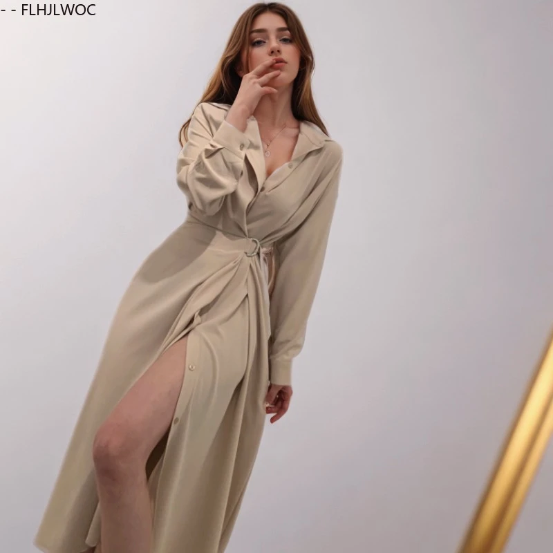 Chic Korea Kleding Vrouwelijke Vestidos Nieuwe Mode Vrouw 2025 Herfst Lange Mouw Een Stuk Lace-Up Lange Shirt jurk