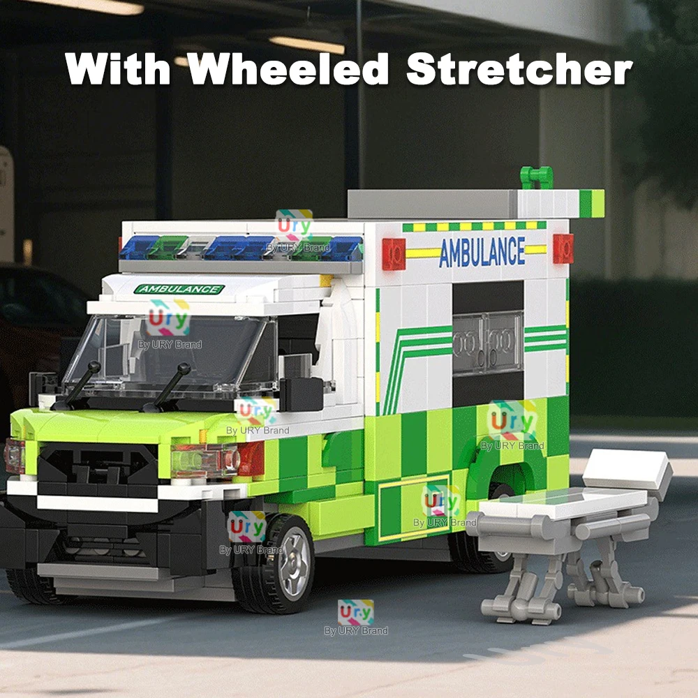 City Series Traffic Green Ambulance Escort Car Van Vehicle Technical Set Model MOC Building Blocks DIY Toys for Children Gifts