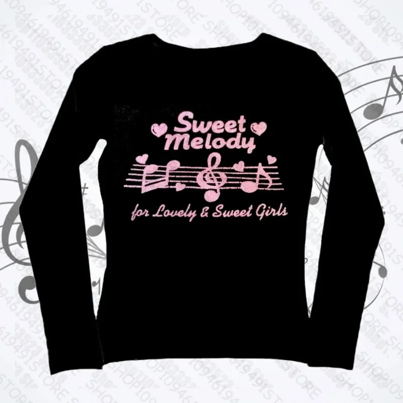 เสื้อยืดแขนยาวพิมพ์ลายตัวอักษรสไตล์ฮาวาย เสื้อยืดแขนยาวสไตล์หวานสำหรับสาวๆ เสื้อผ้าผู้หญิงสไตล์พังก์ เสื้อยืดแขนยาวลายกราฟิกสไตล์สาวพังก์