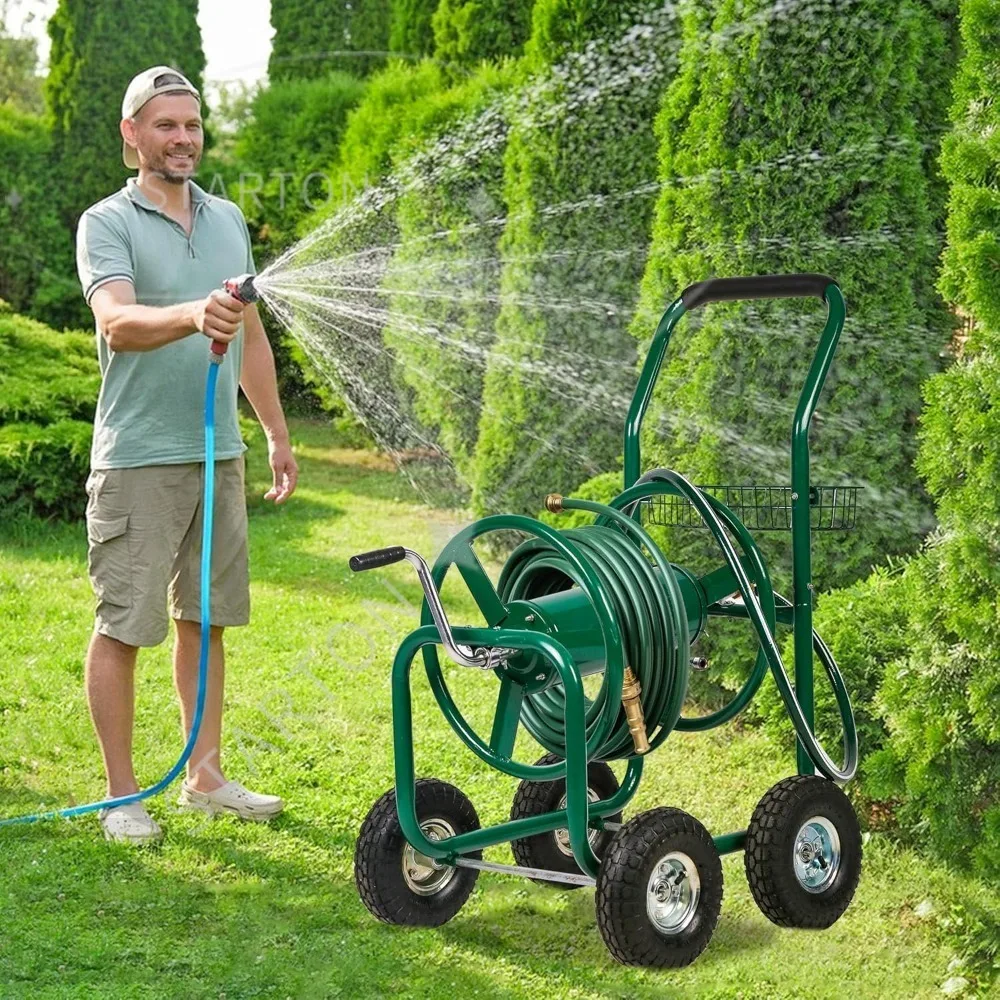 Water Hose Cart with 4 Wheels, Hold Up to 300 ft of 5/8’’ Hose，Heavy Duty Powder-Coated Steel Plantin