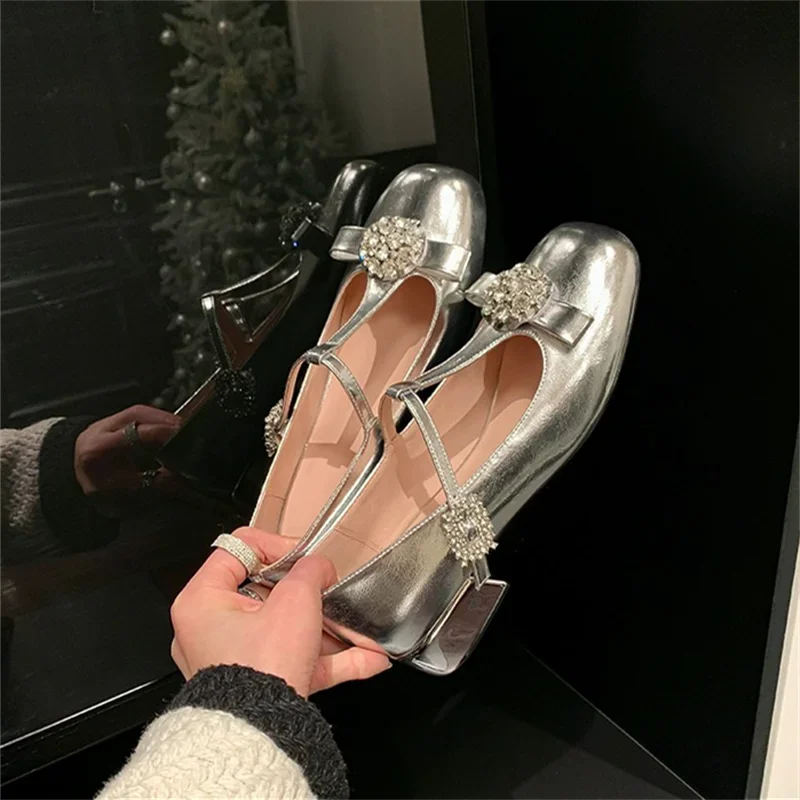 Silver Patent Leather Women Single Shoes Bowknot Ladies Pumps Rhinestone Tacones Para Mujer Round Toe Sapatos Feminino Spring