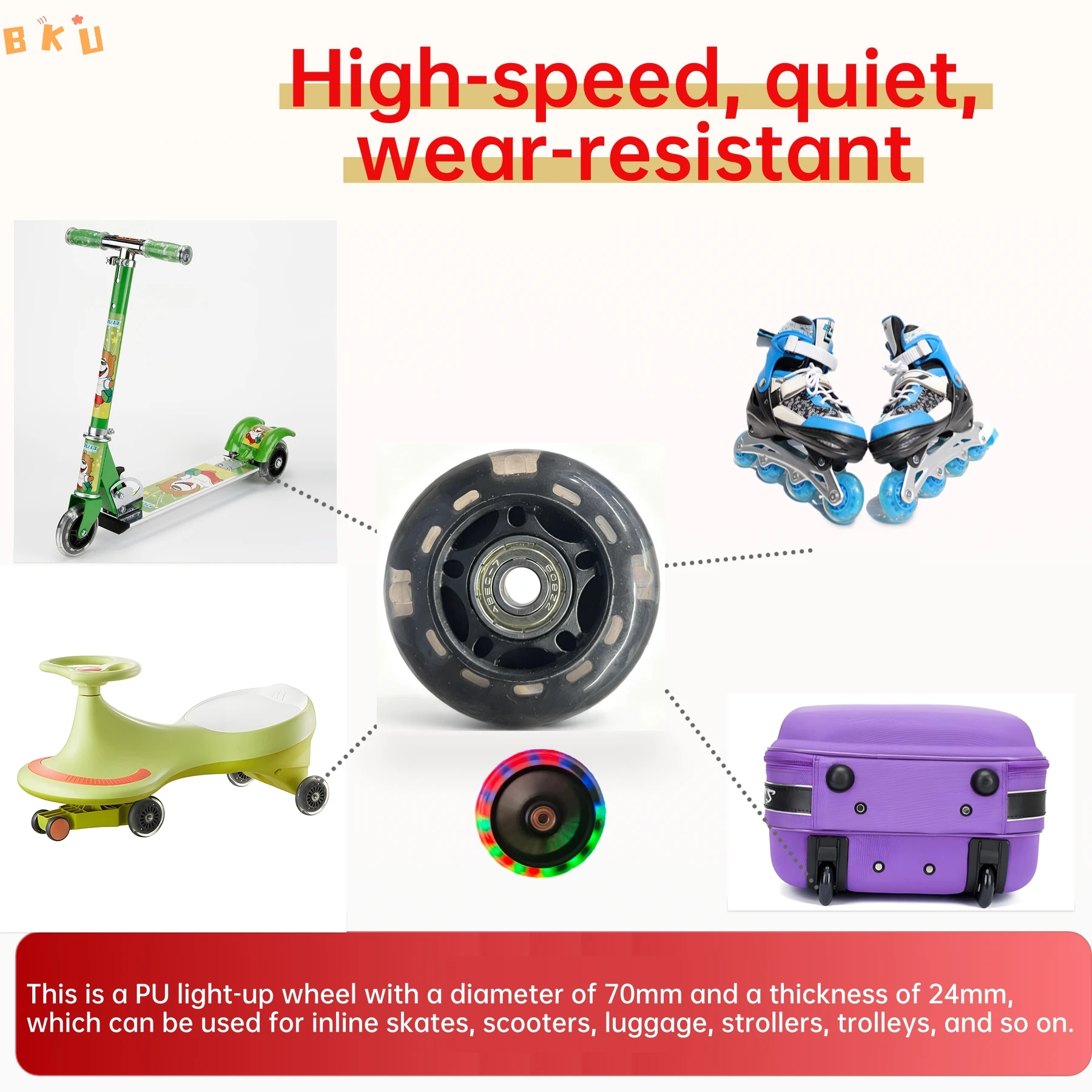 Paquete de 2 ruedas con luz LED de 64 mm (2,5 ") de material PU con rodamientos ABEC-7, brillo colorido para patines/scooters/equipajes en línea